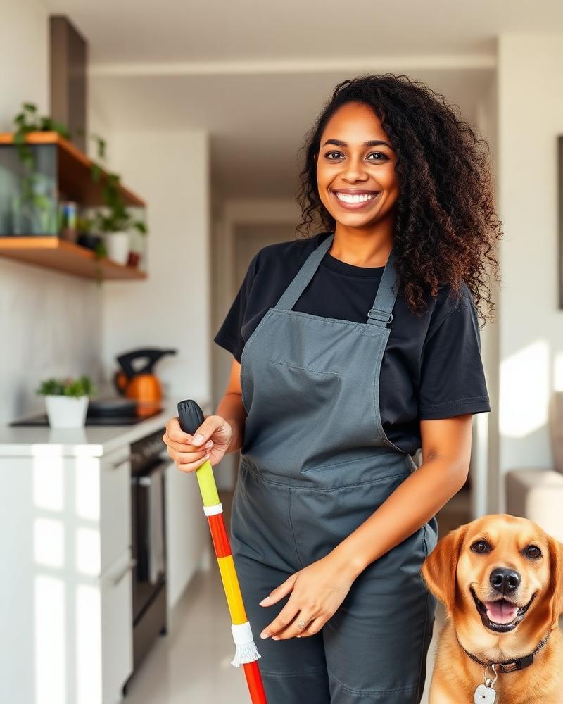 Profesional de Hogar 360 con una mascota en un apartamento limpio
